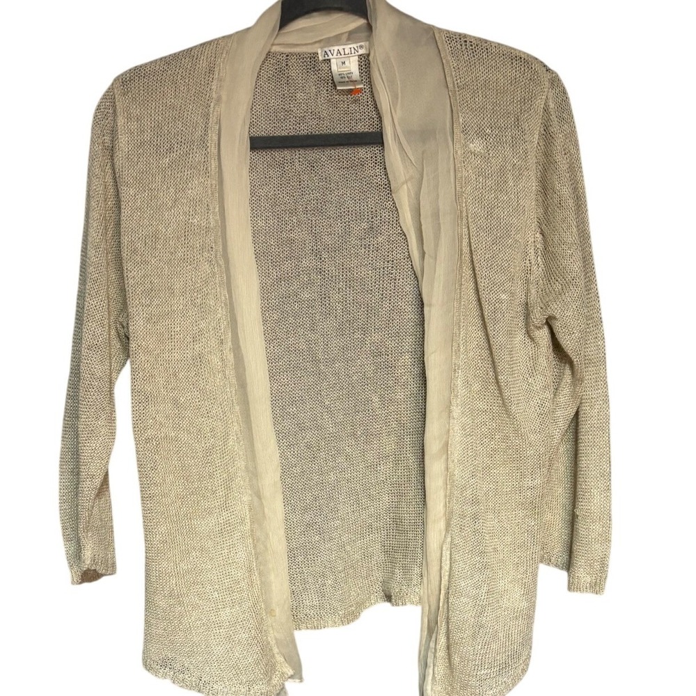 Avalin Womens Cream Linen Silk Open Front Cardigan Draped Shawl Neck Sweater M‎